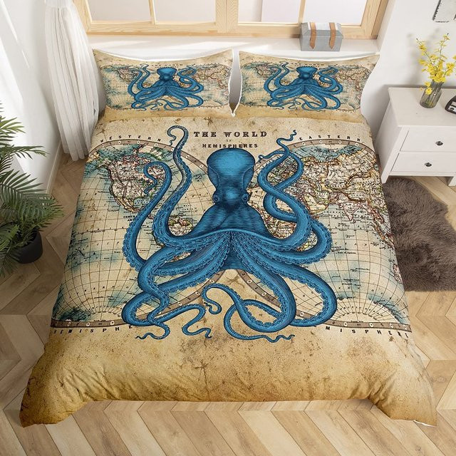 Bettwäsche-Set mit Oktopus-Motiv von Binchi Outdoor Product, Meer und Marine Design, Material Polyester und Mikrofaser, Mehrfarbig, B/H: 180 x 210 cm - Bild 1