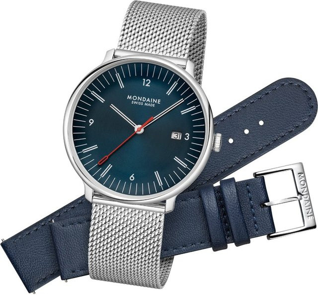 Mondaine Herrenuhr, Quarz, Edelstahl, 41 mm, Leder, Blau, 5 ATM - Bild 1