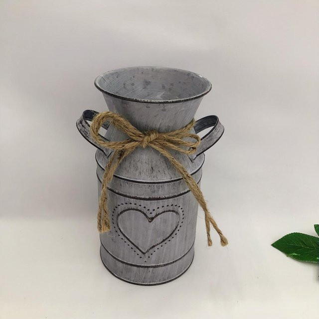 Retro Metallvase Garteneimer aus verzinktem Eisen in Lichtgrau für Blumenarrangements, Höhe: 19,0 cm, Breite: 10,5 cm, Tiefe: 10,0 cm - Bild 1
