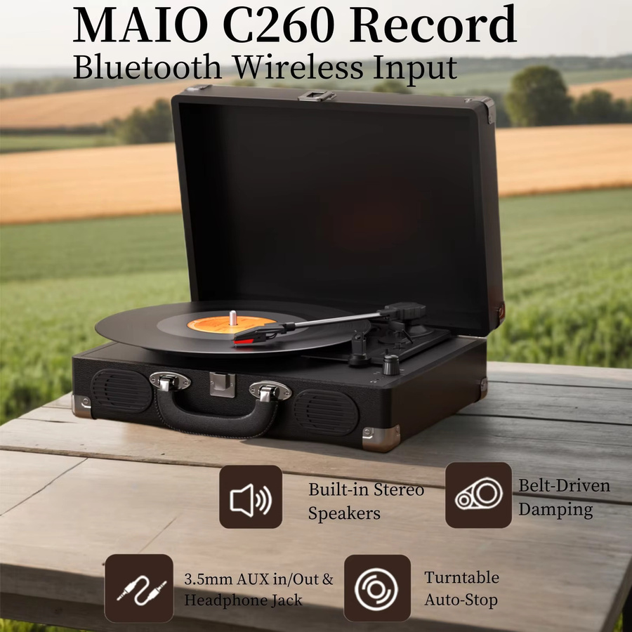 Maio S100 Riemengetriebenes Vintage-Grammophon in Schwarz mit eingebautem Lautsprecher und 3 Geschwindigkeiten für High-Fidelity-Stereo - Bild 3