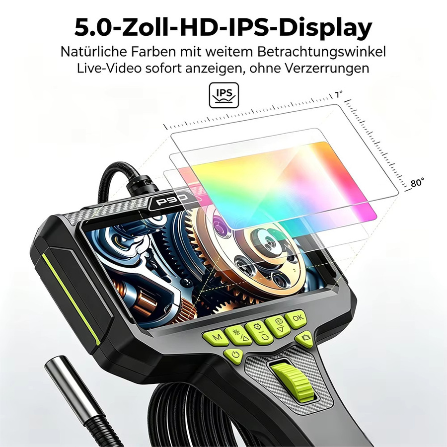 CAKI Industrieendoskop mit 5,0-Zoll-IPS-Bildschirm, HD 1080P Inspektionskamera mit 360° Zwei-Wege-Gelenk, IP67 wasserdicht, halbstarres Kabel und LED-Licht in Schwarz - Bild 3