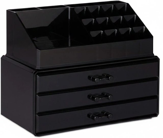 Relaxdays Make Up Organizer aus Acryl in Schwarz mit 3 Schubladen, B: 23,5 cm, T: 19 cm, H: 14 cm - Bild 1