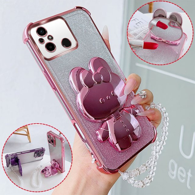 Stoßfeste Handyhülle mit Hasen-Design, Schwenkständer und Kristall-Lanyard für Xiaomi Redmi 12C, 11A und Poco C55 4G in Blau - Bild 1