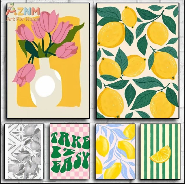 AZNM Moderne Leinwand-Wandkunst mit Zitronen und Tulpen, abstrakter Obst- und Blumen-Druck in Mehrfarbig für deine Küchen- und Heimdekoration - Bild 1