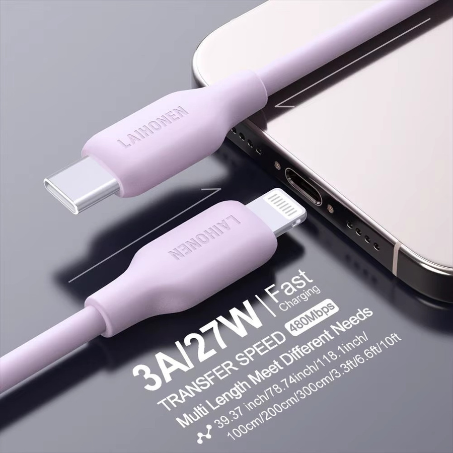 LAIHONEN USB-C zu Lightning Schnellladekabel aus flexiblem Silikon für iOS Geräte in Pink und Purple - Bild 5