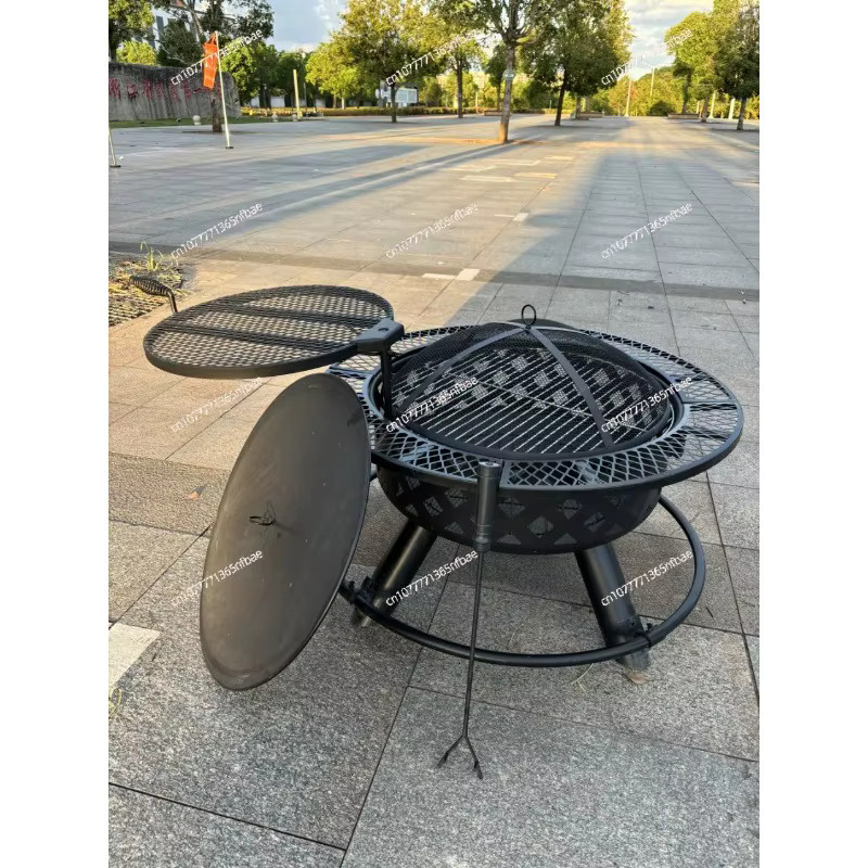 Runde Outdoor-Feuerschale in Schwarz mit Grillrost und Warming Rack für Holzkohle, B/T/H: 82,0 x 40,0 x 40,0 cm - Bild 2
