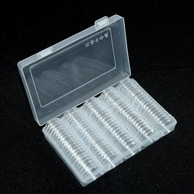 Set aus 100 transparenten Münzkapseln mit 27 mm Durchmesser und einer passenden Kunststoff-Aufbewahrungsbox zur Organisation deiner Münzsammlung - Bild 1