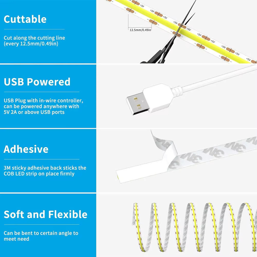 CENFAYA Smart COB LED Streifen mit WiFi, USB-Anschluss, dimmbar, Tuya Smart Leben App Steuerung, kompatibel mit Amazon Alexa und Google Assistant, Farbe: Weiß - Bild 6