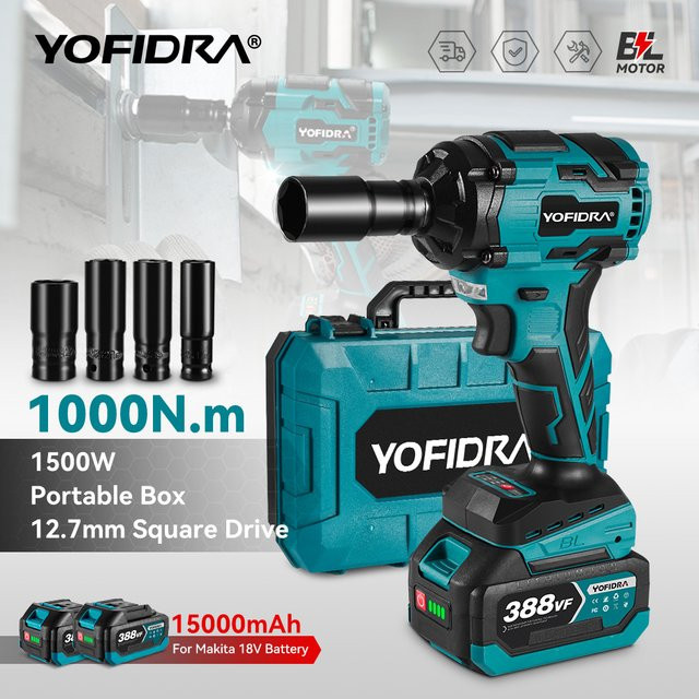 YOFIDRA Bürstenloser elektrischer Schlagschrauber 1500 W mit 1000 N.m Drehmoment, 1/2 Zoll Akkuschrauber und Bohrer Set, kompatibel mit Makita 18-21 V Akku - Bild 1