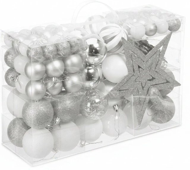 Relaxdays Weihnachtskugeln Set aus Kunststoff in Silber mit Herz, Stern und Schneeflocken Motiven, matt, glänzend und glitzernd - Bild 1