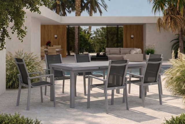 OUTFLEXX Premium Garten-Essgruppe aus Aluminium und Textilene in Silber/Grau mit Ausziehtisch und 6 Stapelsesseln, Tisch B: 180 bis 240 cm, T: 100 cm - Bild 1