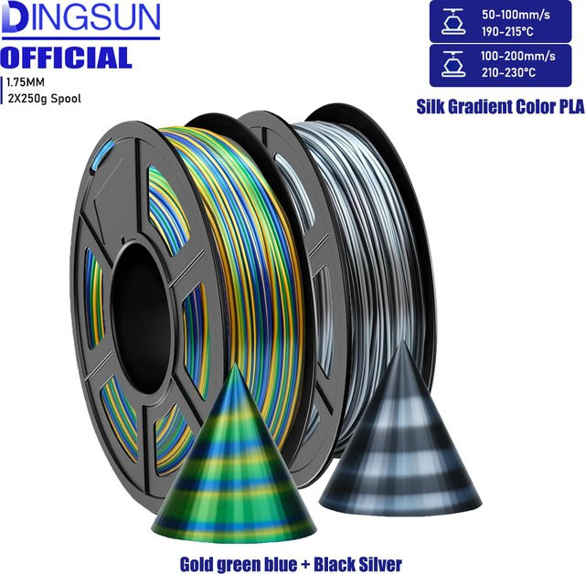 DINGSUN Seiden-PLA-Filament 1,75mm für FDM 3D-Drucker, Farbverlauf Multicolor, Schwarz Silber - Bild 1