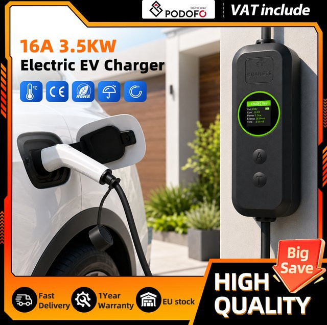 Podofo Einstellbares Typ-2-EV-Ladegerät mit 5 m Ladekabel, 3,5 kW, LCD-Bildschirm und IP65-Schutz für Elektroautos - Bild 1