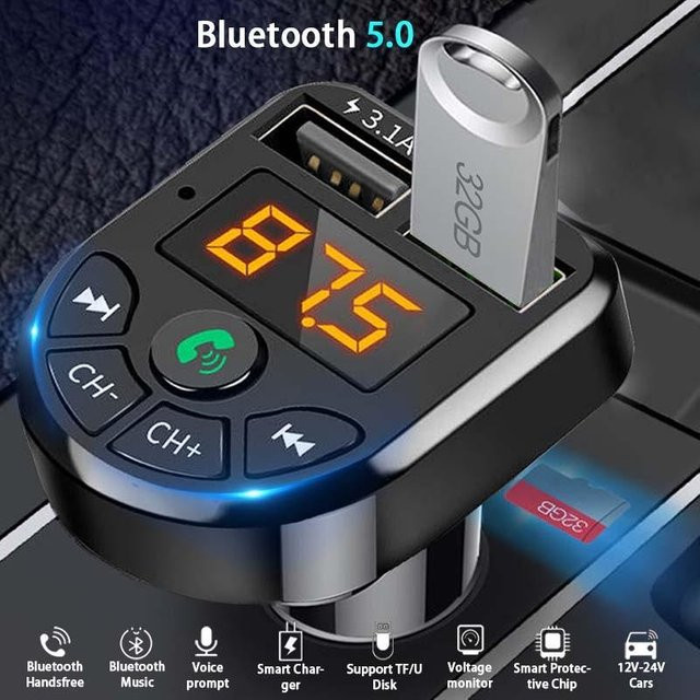 PenGo Studio Bluetooth 5.0 FM-Transmitter mit MP3-Modulator, kabellosem Freisprech-Audioempfänger und Dual-USB-Schnellladegerät 3,1 A in Grau - Bild 1