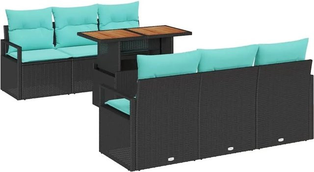 vidaXL Garten-Sofa-Set aus Akazie und Poly-Rattan mit 7 Teilen in Schwarz und Blau - Bild 1
