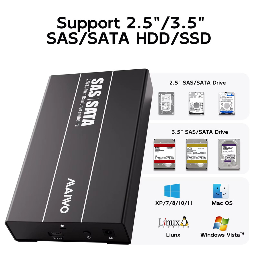 MAIWO USB 3.1 Typ-C Gen2 HDD-Dockingstation für 2,5 und 3,5 Zoll SAS/SATA Festplatten, Schwarz - Bild 2