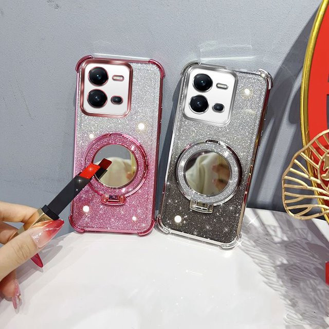 LIEI Handyhülle mit Spiegelständer, Perlenband und Glitzer-Design für Vivo V25, V25e und X80 Lite in Pink - Bild 1
