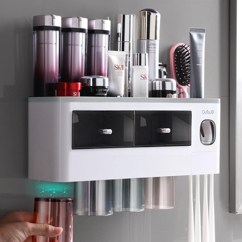 WIKHOSTAR Badezimmer Zubehör Set mit magnetischem Zahnbürstenhalter und automatischem Zahnpasta Spender in Schwarz und Grau - Bild 4