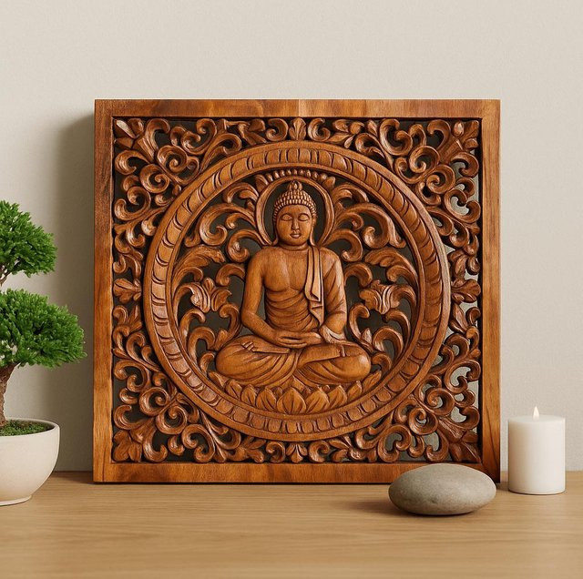 Handgeschnitztes Buddha Wandpaneel aus Holz von SHAMTAM, quadratisch, B/H: 40 x 40 cm - Bild 1