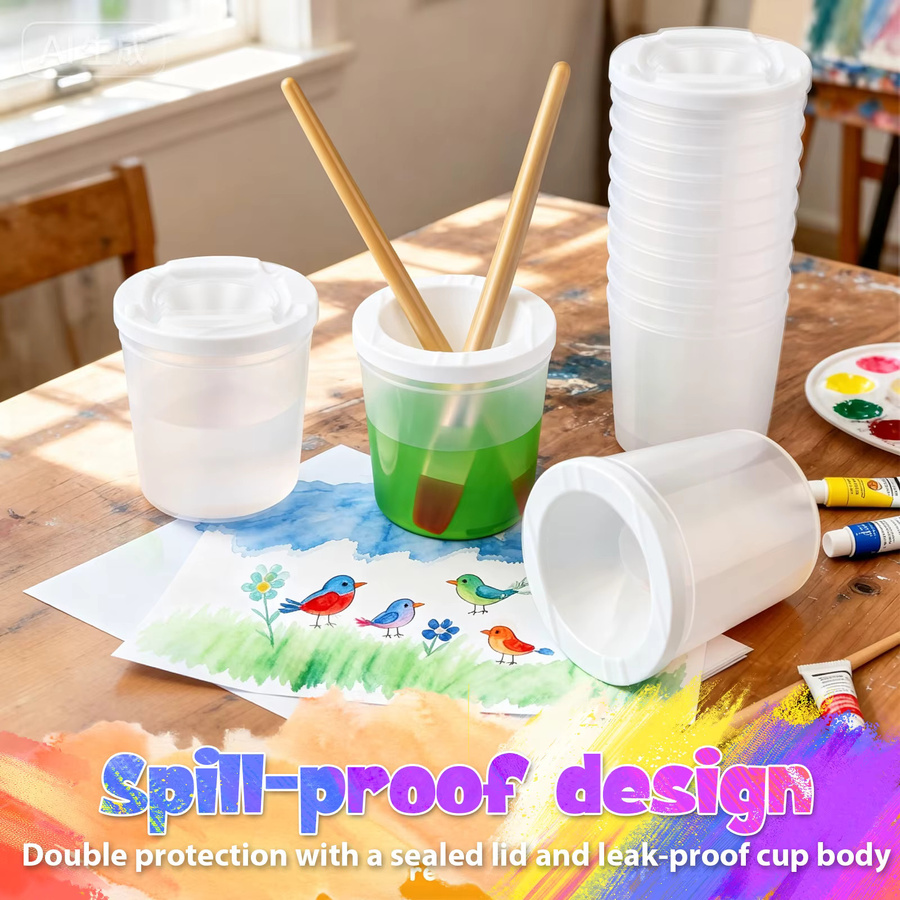 Set aus 5 oder 12 auslaufsicheren Farbbechern für Kinder aus Kunststoff in Mehrfarbig und Transparent mit Deckel als Pinselreiniger und Kunstbedarf - Bild 3