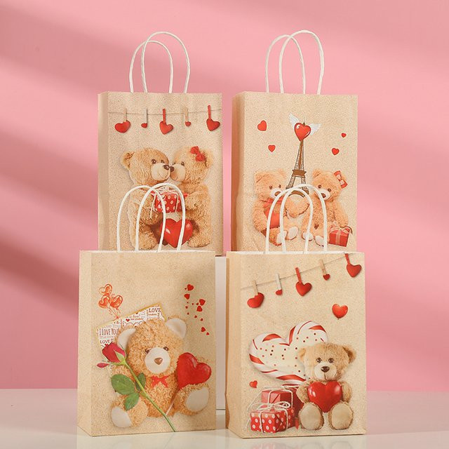 Geschenktüten aus Papier mit I Love Your Heart Bear Muster und Griff für Geburtstag, Hochzeit, Party oder Valentinstag (4 oder 8 Stück) - Bild 1
