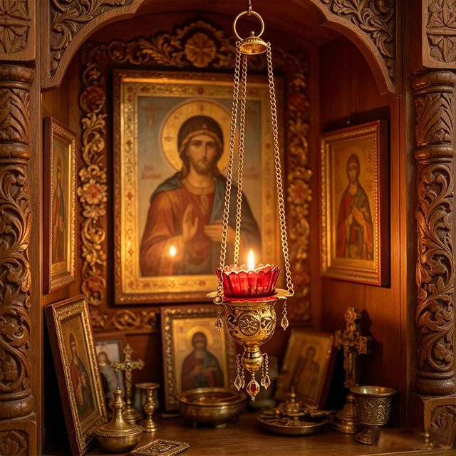 Traditionelle orthodoxe Hängelampe aus Metall und rotem Glas in Gold/Messing für Heim-Altar und Ikonen-Dekor - Bild 1
