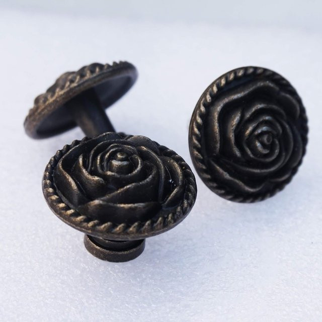 Perphin Direct Schrankknöpfe im Vintage-Stil aus Zinklegierung, Set mit 6 Stück, Farbe: Rose/Antik-Bronze, rund mit Blumen-Design - Bild 1