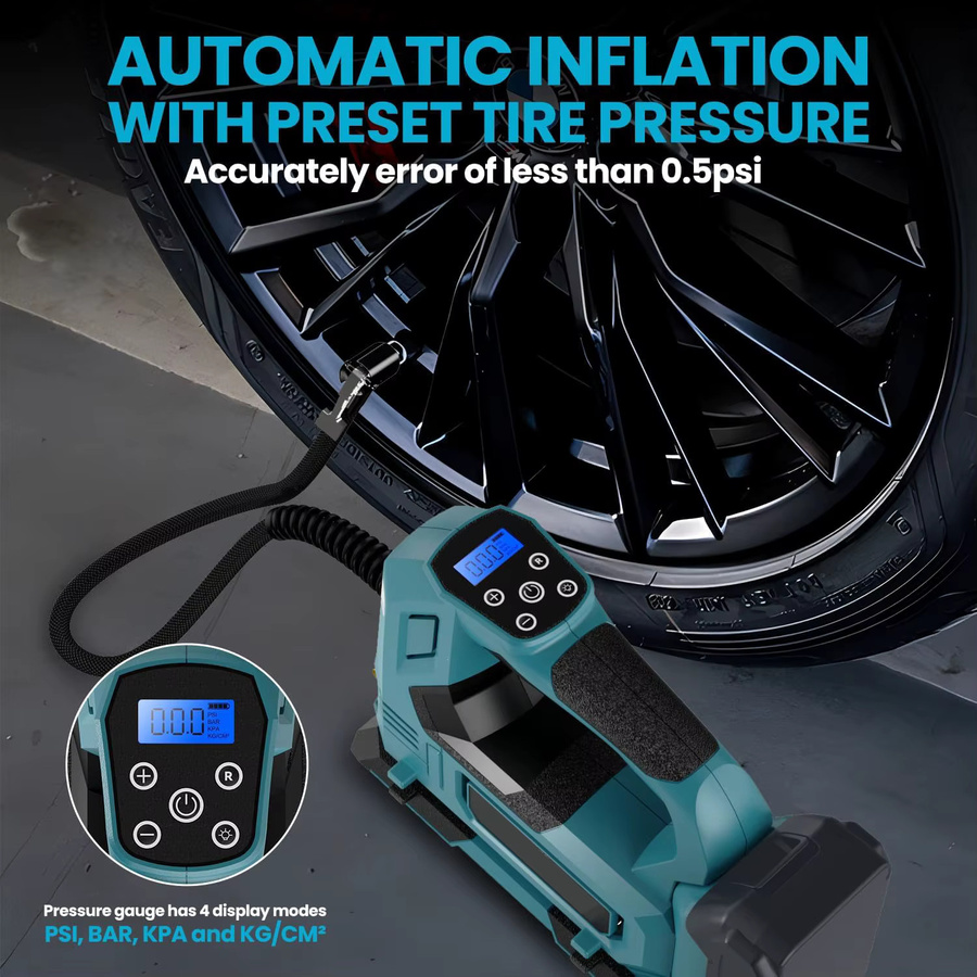 Makita Kabellose Reifenfüllpumpe in Blau, tragbarer elektrischer Luftkompressor mit LED-Licht, kompatibel mit 18V Akkus BL1815 BL1830 BL1840 BL1850 - Bild 4