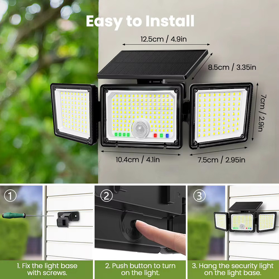 286 LED Solar-Bewegungssensor-Sicherheitsleuchte mit 3 Köpfen, Wasserdichter Solar-Flutlicht in Schwarz für Garten und Garage, Cool White - Bild 2