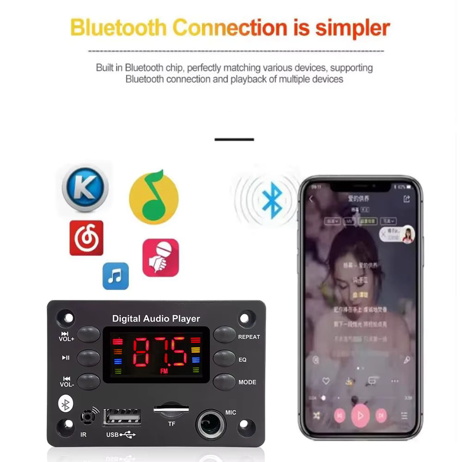 Kebidu Bluetooth 5.0 MP3 WMA Decoder Board mit USB, TF, FM Radio und Mikrofon, Schwarz - Bild 4