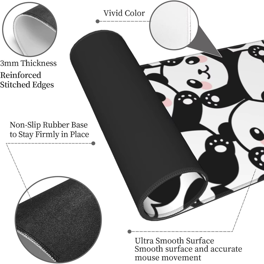 Übergroßes Mauspad mit Panda-Print in Multicolour, XL Schreibtischunterlage mit genähten Kanten und rutschfester Basis für Gamer und Homeoffice - Bild 5
