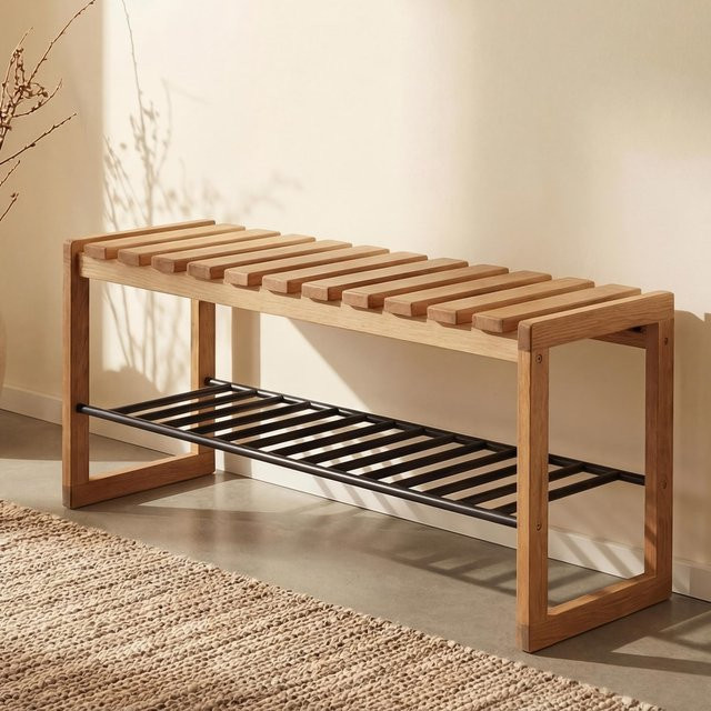 MCA Garderoben-Bank mit Schuhregal aus Massivholz Eiche, braun, B/H/T: 88 x 45 x 30 cm - Bild 1