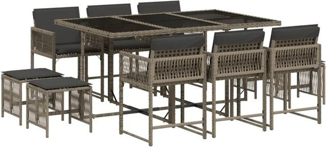 vidaXL 11-tlg Garten-Essgruppe aus Poly Rattan in Grau mit Kissen und Hartglas-Tischplatte - Bild 1