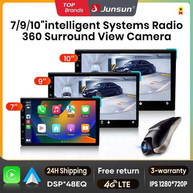 Junsun Autoradio mit Qualcomm 8-Kern, 360-Grad-Kamera, kabellosem CarPlay und Android Auto, IPS Touchscreen Multimedia-Player in Schwarz - Bild 1