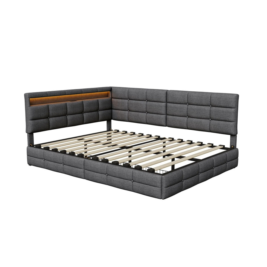 PXloue Polsterbett Tagesbett mit LED-Beleuchtung und Kopfteilablage in Grau mit Steppoptik B/T/H: 140 x 190 x 90 cm - Bild 2