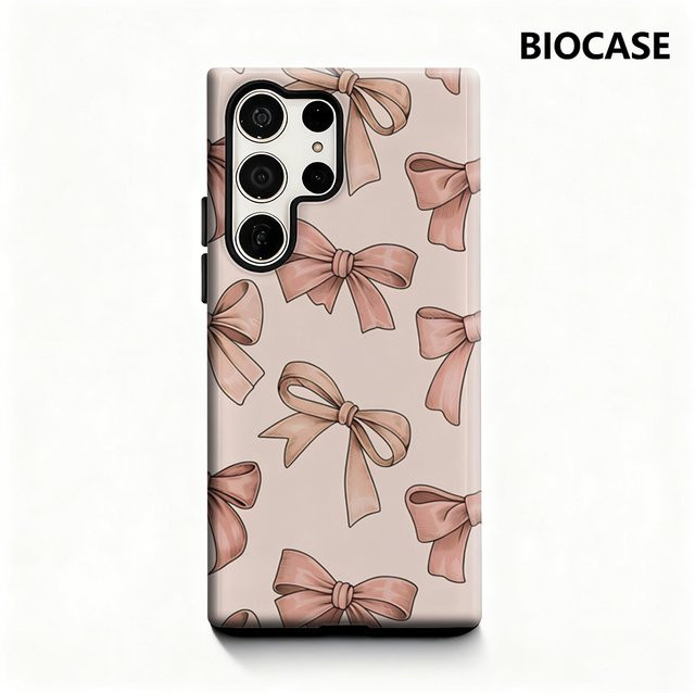 Glänzende Handyhülle mit rosa Schleifenmuster für Samsung Galaxy S25 Ultra, S24 und S23 Ultra Plus mit doppellagiger Rückseite - Bild 1