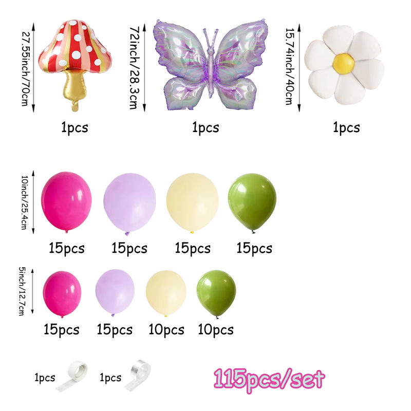 Frühlings-Feen-Ballongirlanden-Set mit 115 rosa und lila Ballons sowie Gänseblümchen-, Schmetterlings- und Pilz-Folienballons für Kindergeburtstage und Waldwunderland-Partys - Bild 2