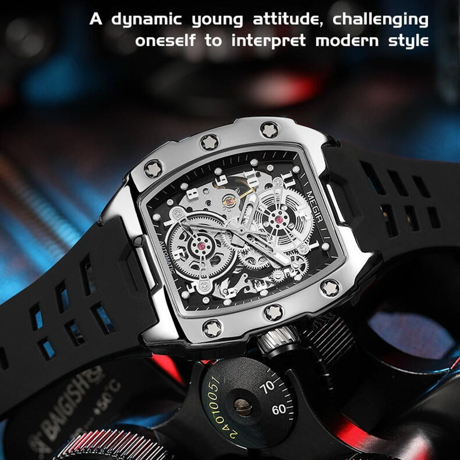 MEGIR Armbanduhr, Automatik, Tonneau, Edelstahl, Blau, Herren - Bild 3