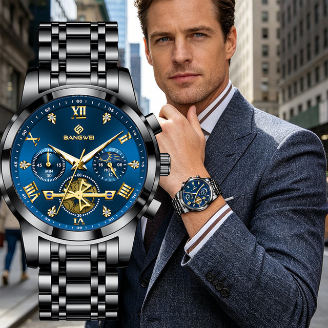 BANGWEI Chronograph, Quarz, Edelstahl, Blau, Herren - Bild 1