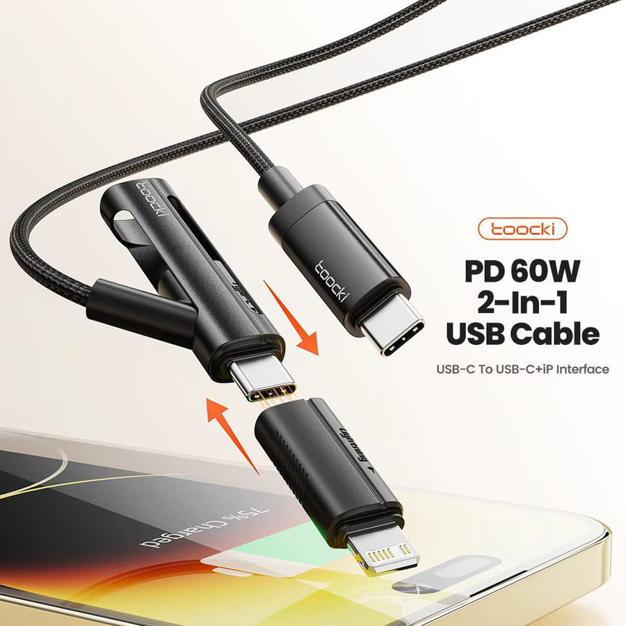 Toocki 2-in-1 USB-C auf Lightning Ladekabel mit OTG-Adapter, PD 60W Schnellladekabel für iPhone und Android, Schwarz - Bild 5