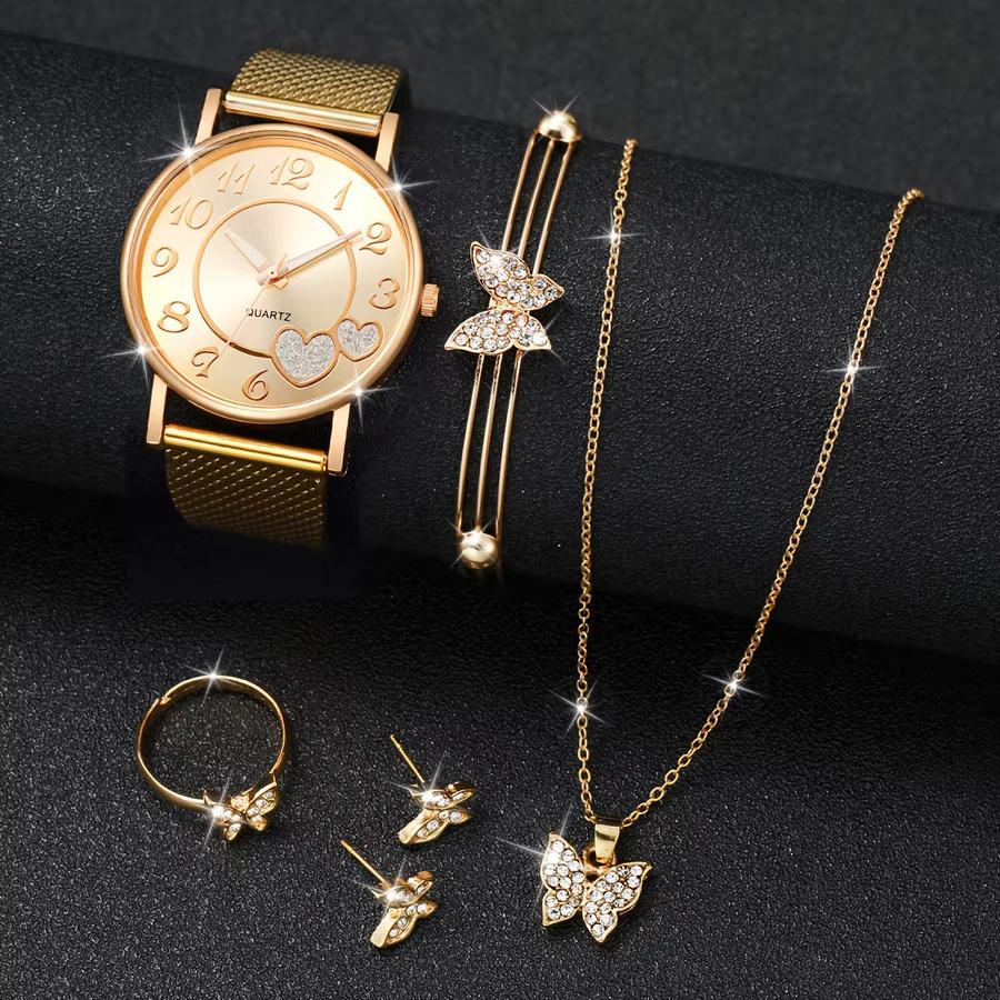 Schmuckset Damenuhr, Gold, Quarz, Kunststoffband, Kristall, Schmetterling - Bild 2