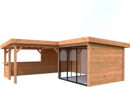 PALMAKO Pavillon Lenna Set 409 Slide aus Fichtenholz in Braun mit Flachdach, Alu-Schiebetüren und Eck-Tresenanlage, B/T/H: 588 x 588 x 245 cm - Bild 1