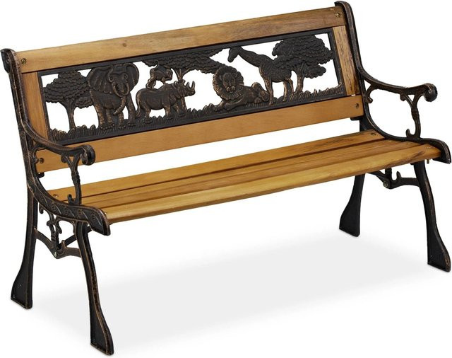 Relaxdays Kinder Gartenbank mit Tiermotiv aus Holz und Gusseisen in Schwarz und Bronze, B/H/T: 83 x 51 x 37 cm - Bild 1
