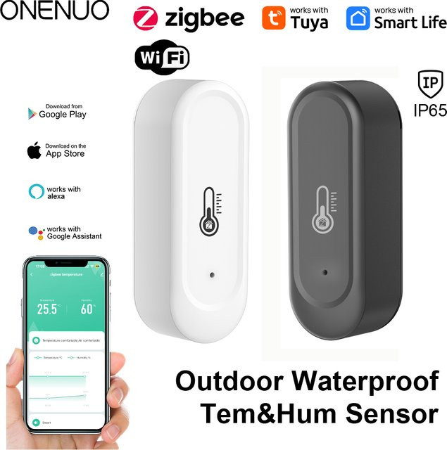 ONENUO IP65 Wasserdichter Temperatur- und Feuchtigkeitssensor für den Außenbereich mit Zigbee oder WiFi, kompatibel mit Tuya, in Schwarz oder Weiß - Bild 1