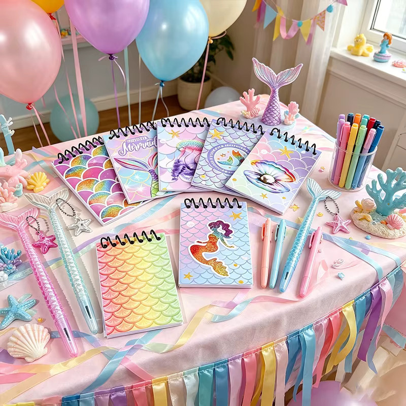Notizbuch mit Meerjungfrauen-Motiv und schwarzem Stift für Kinder, Softcover, liniertes Papier, mehrfarbig - Bild 2