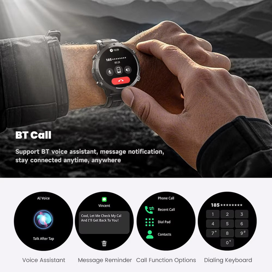 CRTORRS Herren Militär T REX 3 Smartwatch in Schwarz mit 1,73 Zoll AMOLED Display, Kompass, Bluetooth-Anruffunktion und 1ATM Wasserdichtigkeit für iOS und Android - Bild 3
