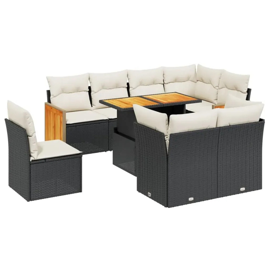 vidaXL 9-teilige Garten-Sofagarnitur in U-Form aus schwarzem Poly-Rattan mit Kissen und pulverbeschichtetem Stahlrahmen - Bild 2