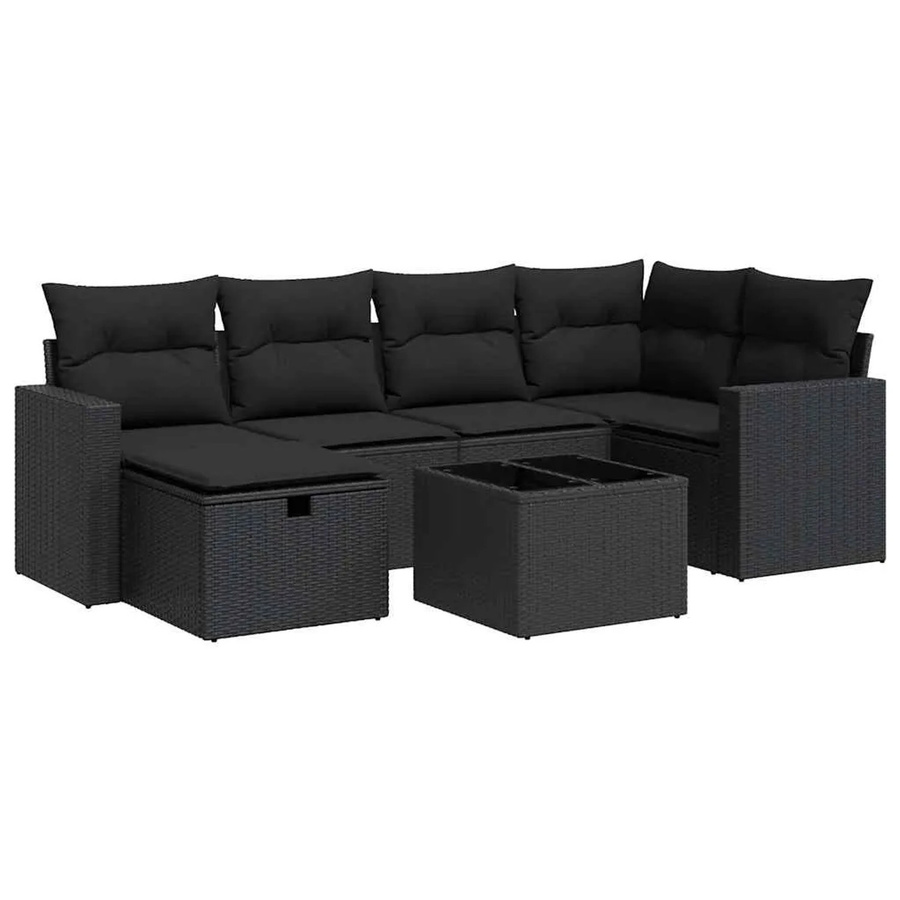 vidaXL 7-teilige Garten-Sitzgruppe in L-Form aus Polyrattan mit Kissen, Schwarz - Bild 1