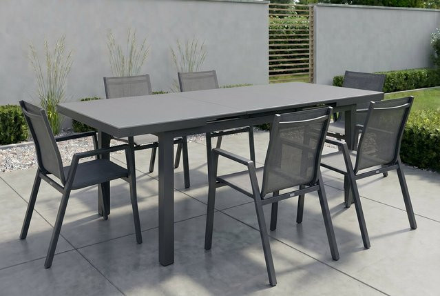 Hartman Aruba Garten-Essgruppe in Anthrazit mit ausziehbarem Tisch und 6 Stapelsesseln aus Aluminium und Textilene - Bild 1