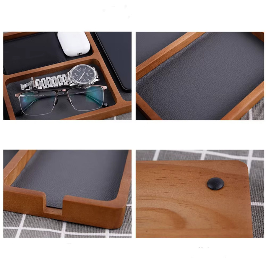 XMSJ Schreibtisch-Aufbewahrungsbox aus massivem Holz in Braun mit Fächern für Brillen, Handy und Kopfhörer - Bild 3